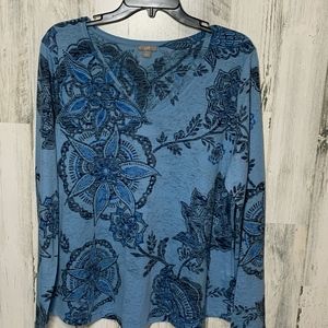 Jjill Blue Floral Print V-neck Burnout Long sleeve